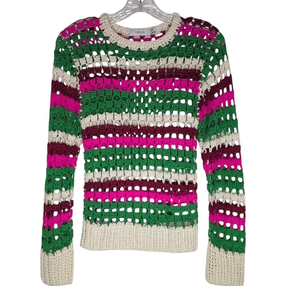 Greylin Paola Multicolor Striped Open Stitch Crochet Sweater Size Small